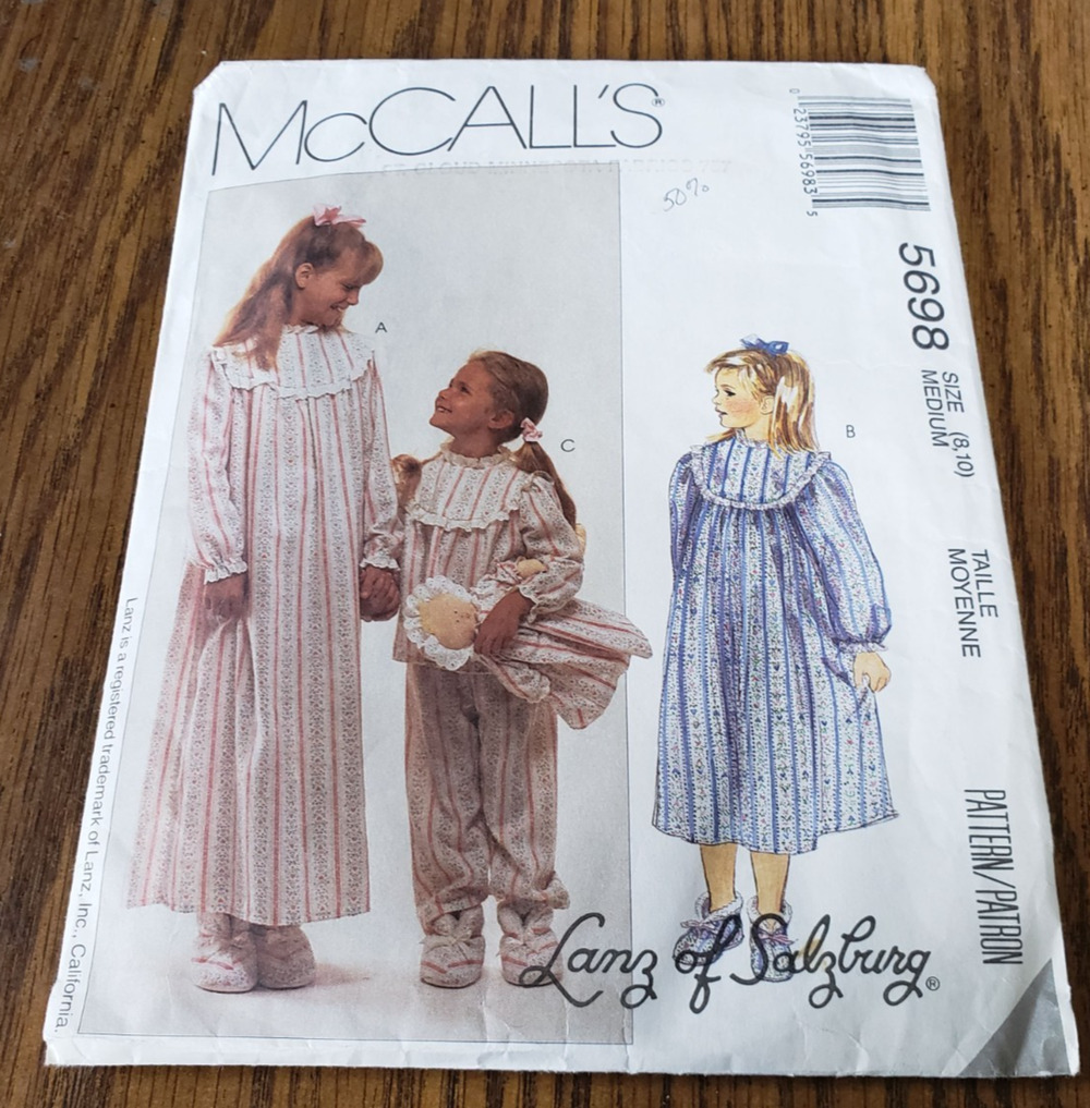 McCall’s Sewing Pattern Girl's Nightgown and Pajamas 5698 Size medium 8-10 Cut